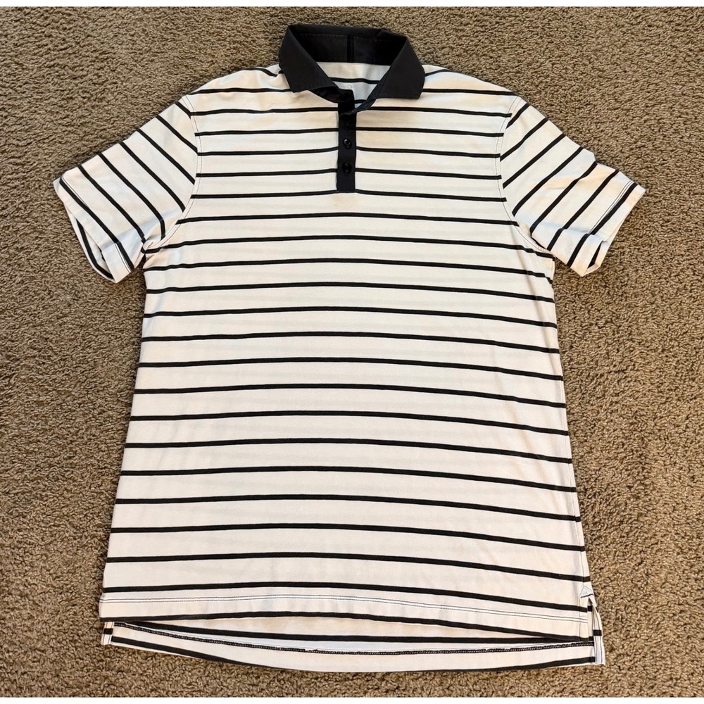 Lululemon Mens Short Sleeve Striped Polo Shirt White Navy Blue Golf Top L